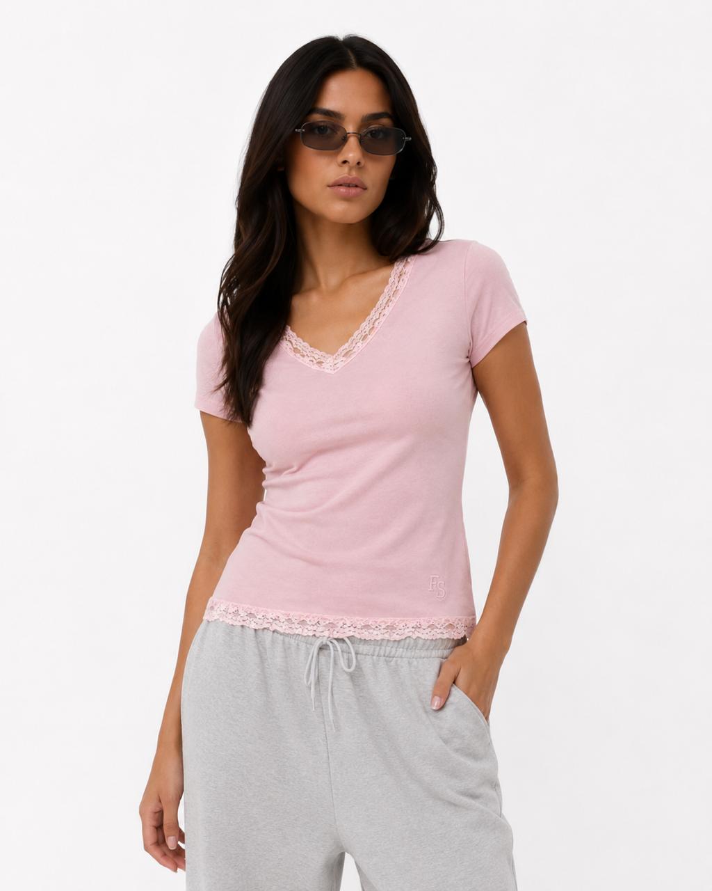 Pink V-neck Short Sleeves Lace Top
