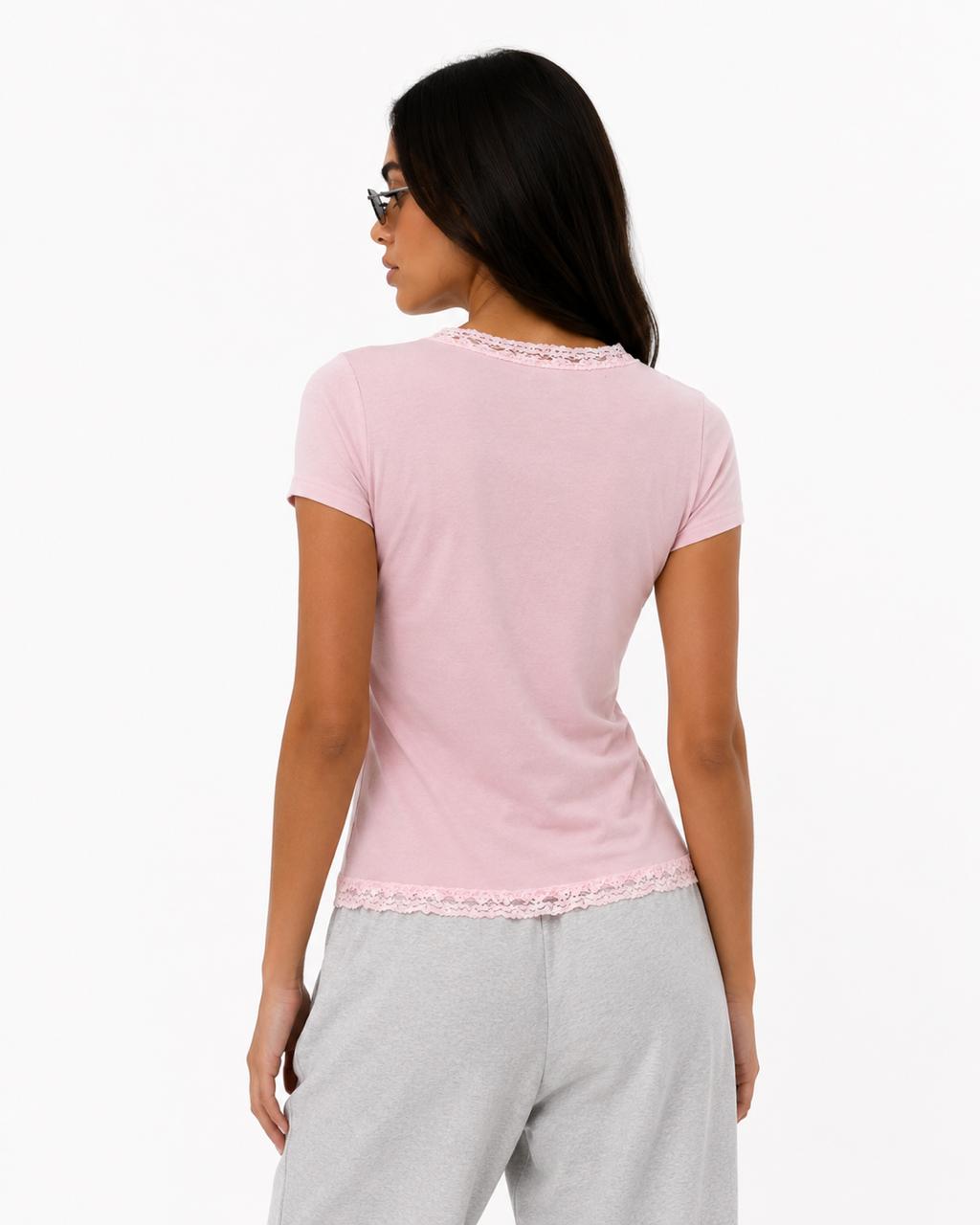 Pink V-neck Short Sleeves Lace Top