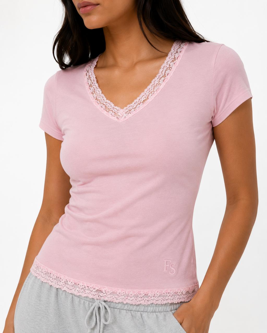 Pink V-neck Short Sleeves Lace Top