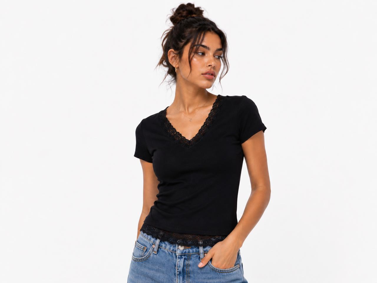 Black V-neck Short Sleeves Lace Top