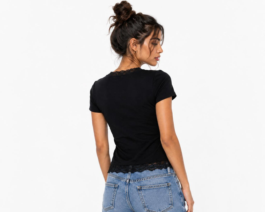 Black V-neck Short Sleeves Lace Top