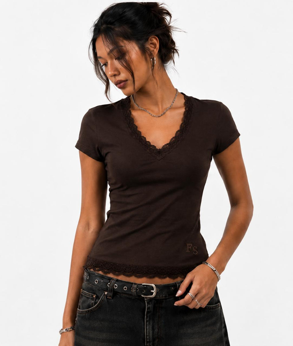 Brown V-neck Short Sleeves Lace Top