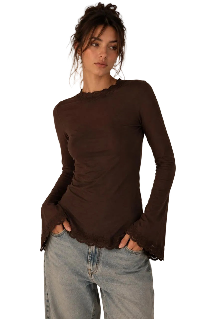 Brown Flare Long Sleeves Lace Top