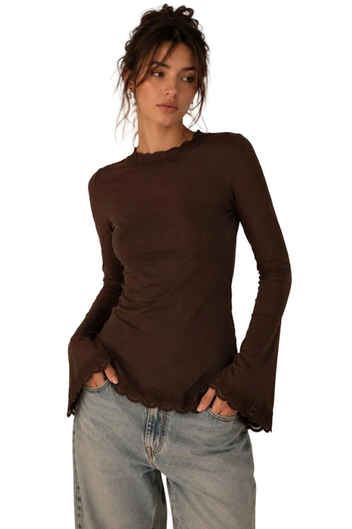 Brown Flare Long Sleeves Lace Top