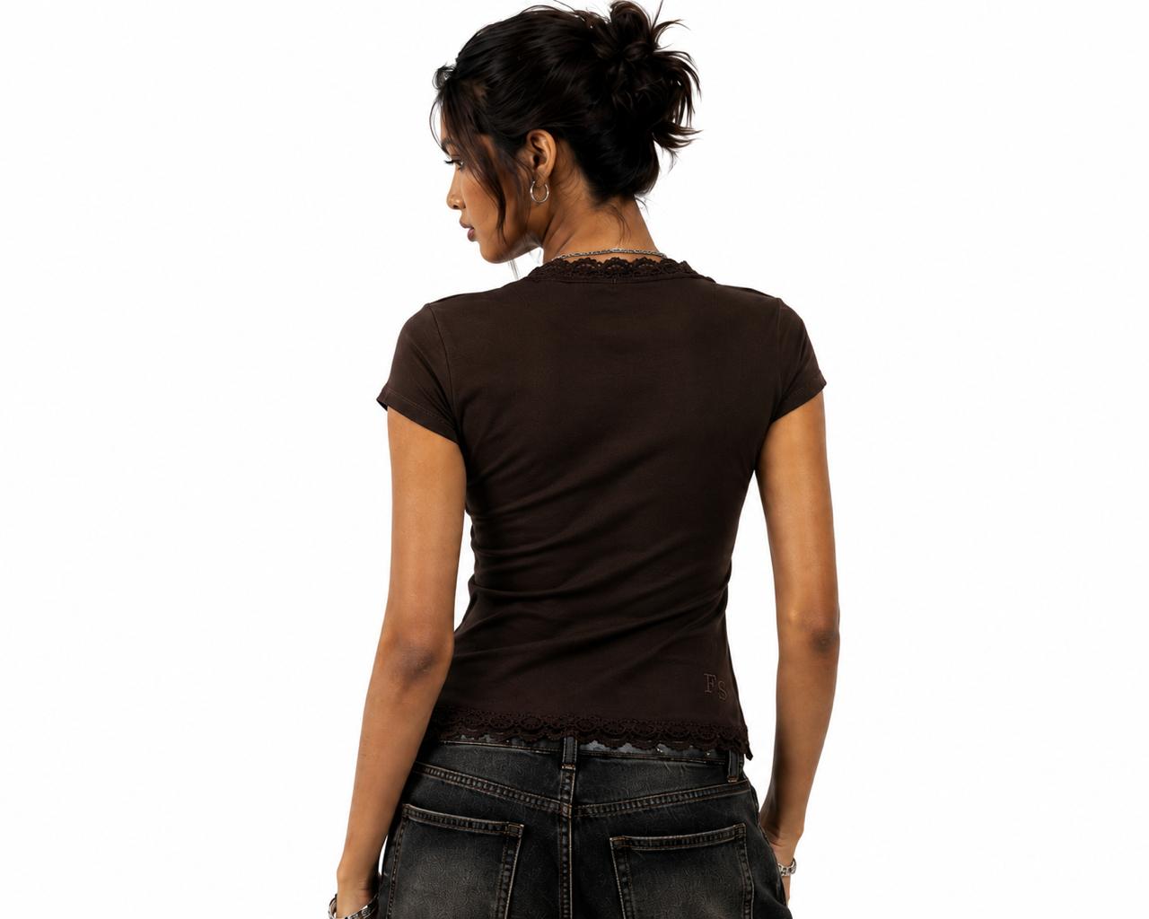 Brown V-neck Short Sleeves Lace Top