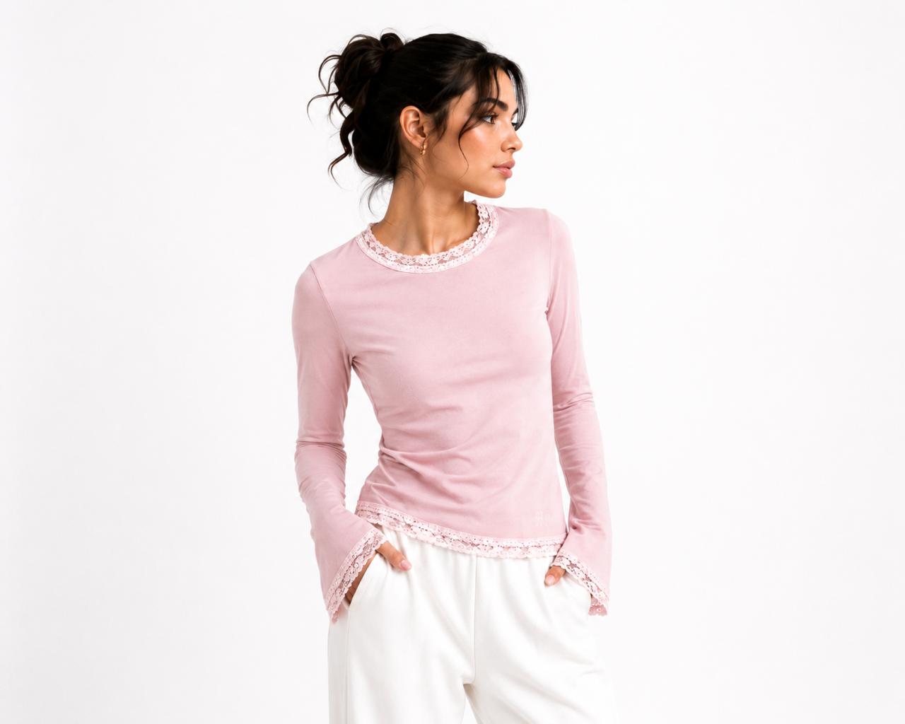 Pink Flare Long Sleeves Lace Top