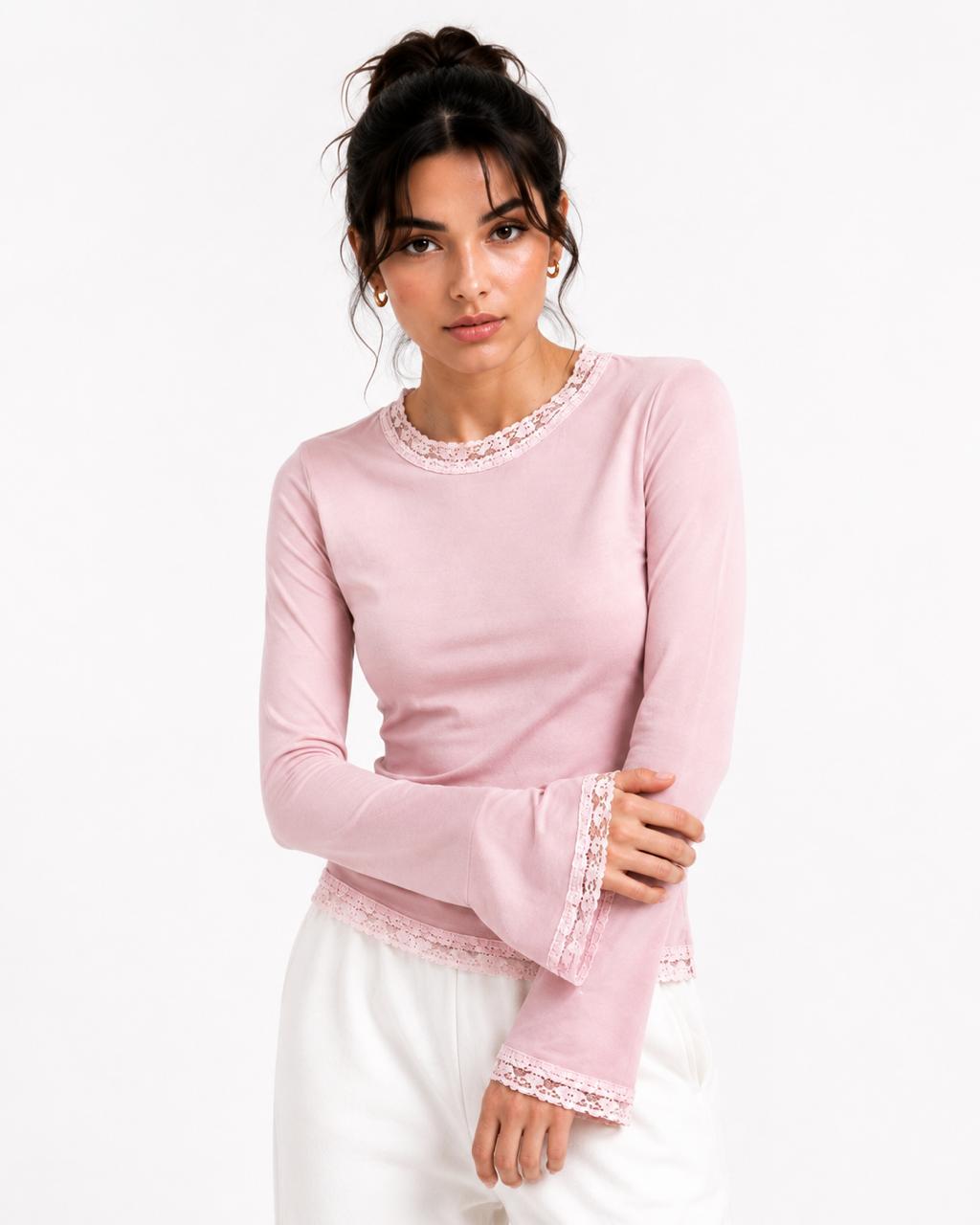 Pink Flare Long Sleeves Lace Top