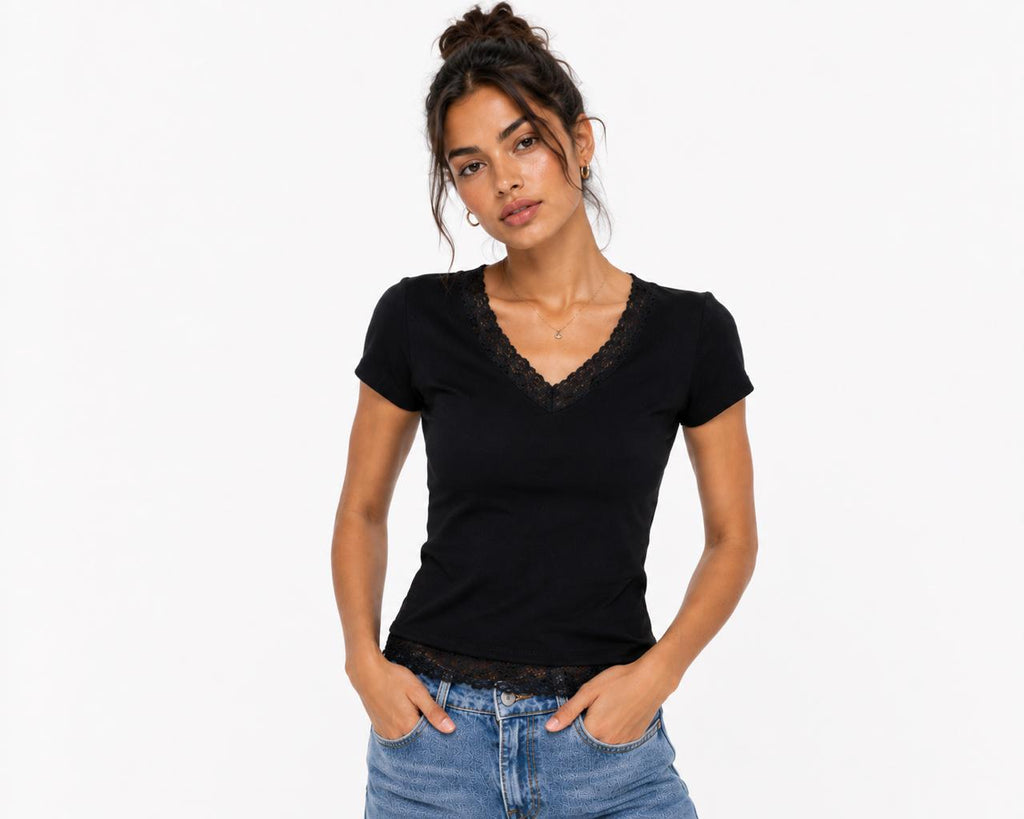 Black V-neck Short Sleeves Lace Top
