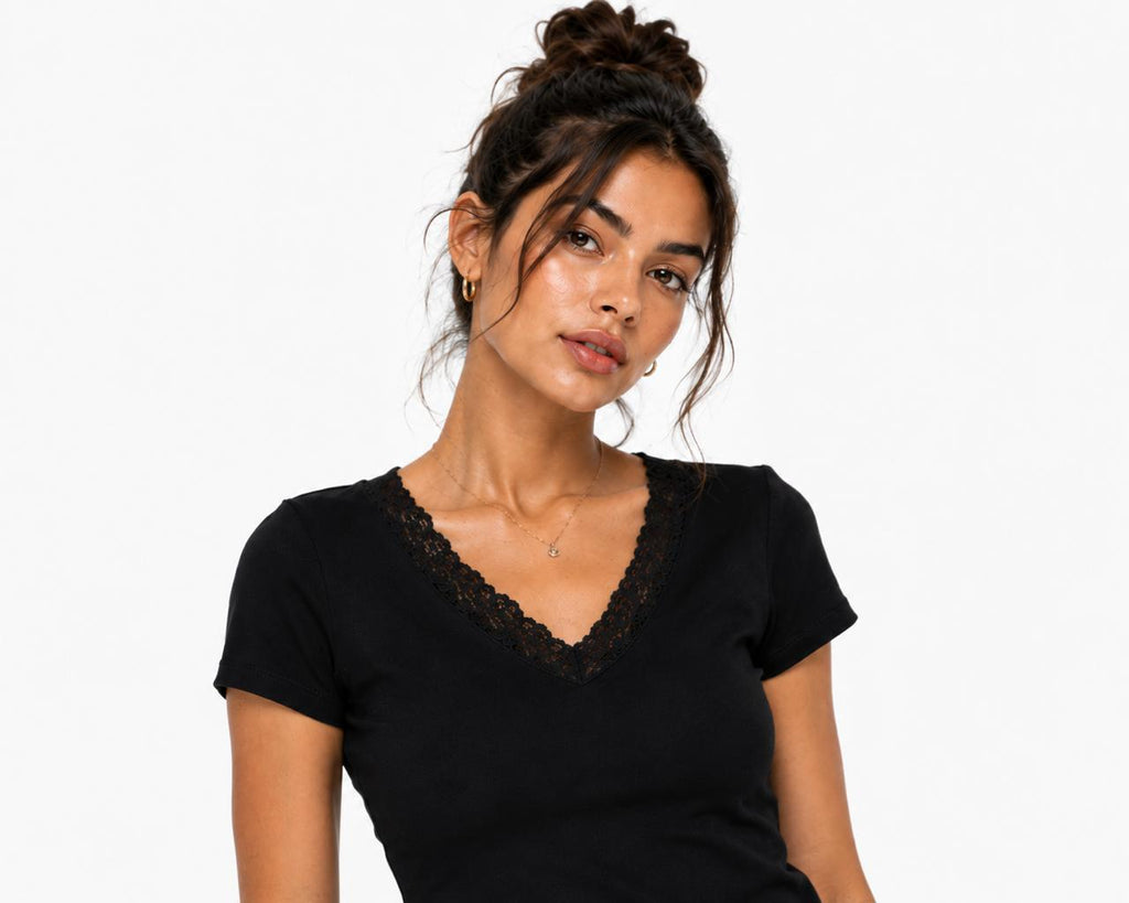 Black V-neck Short Sleeves Lace Top
