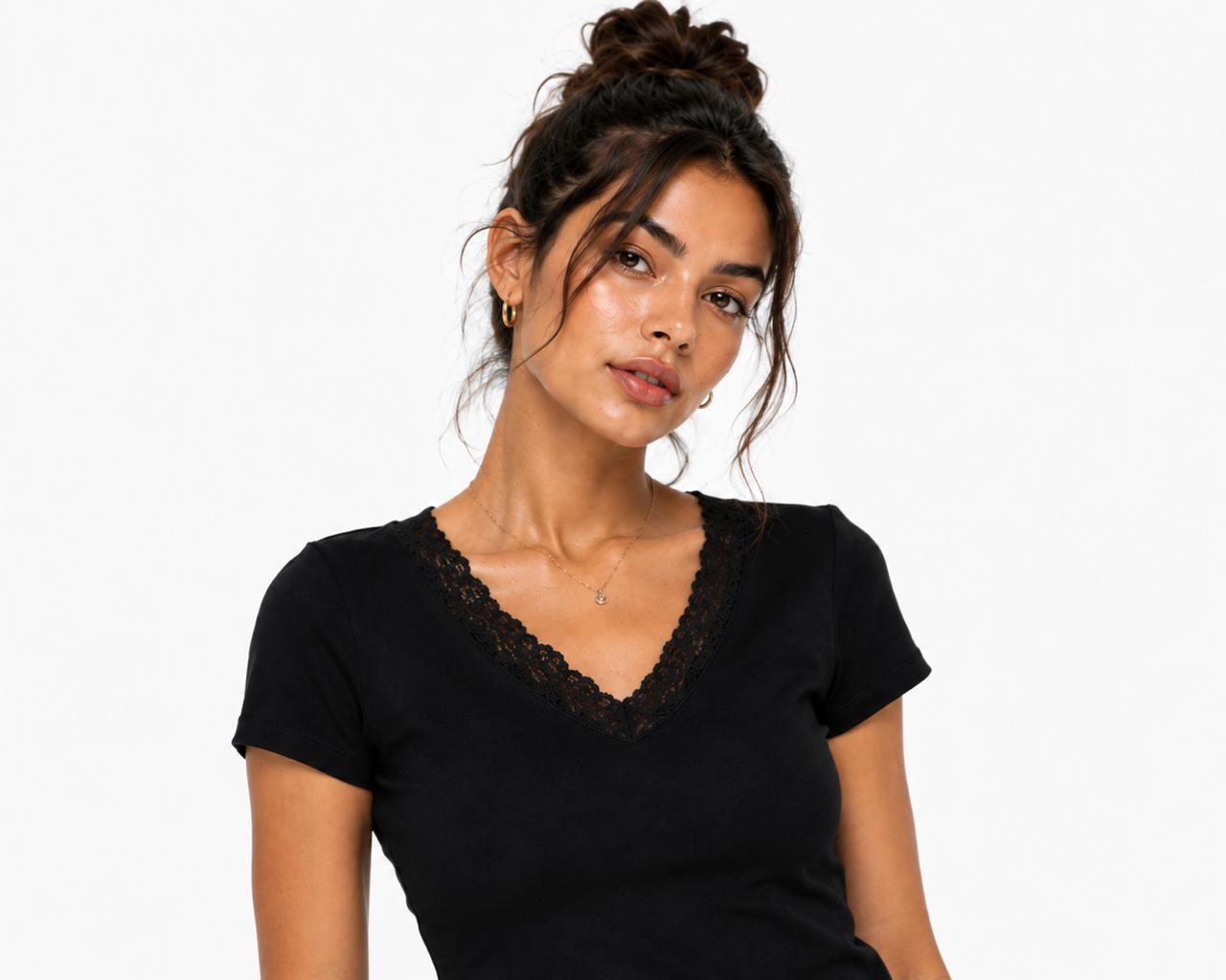 Black V-neck Short Sleeves Lace Top