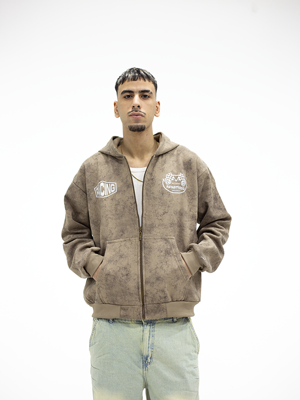 Faya Studio Brown Racing Zipup Hoodie – Vintage Street Energy by Fayastudioeg