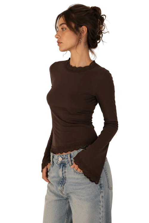 Brown Flare Long Sleeve Lace Top - Side white studio